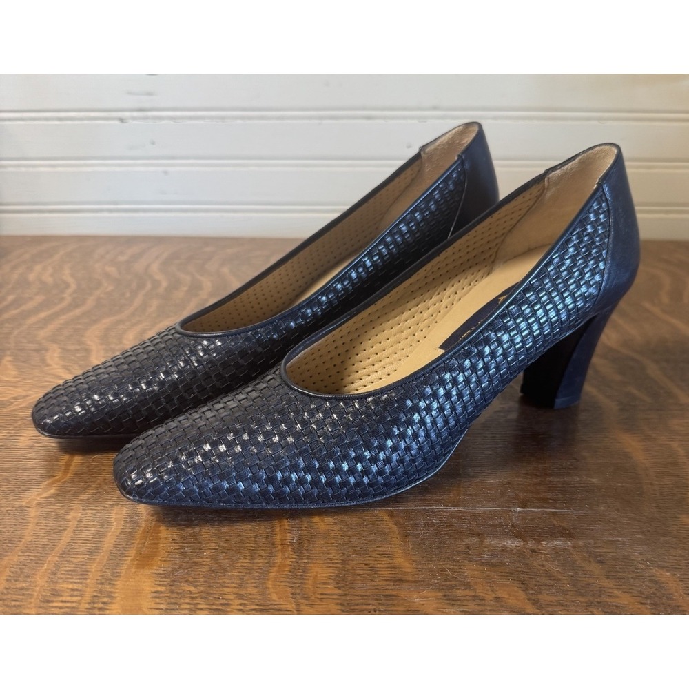 Vintage Joel Parker Italy Black Woven Leather Pumps Women's 7.5 AA Made in Italy